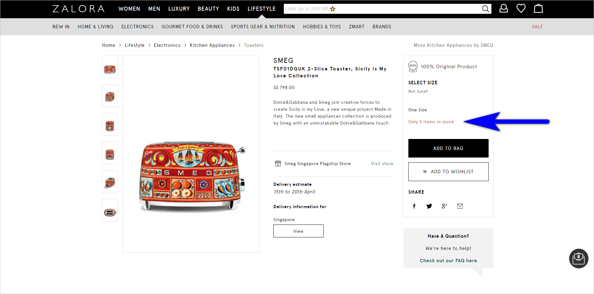 Zalora.com.sg Strona ze szczegółami produktu scarcity marketing - showing limited availability example - zalora.com.sg's product detail page for a smeg dolce & gabbana toaster indicates that there are