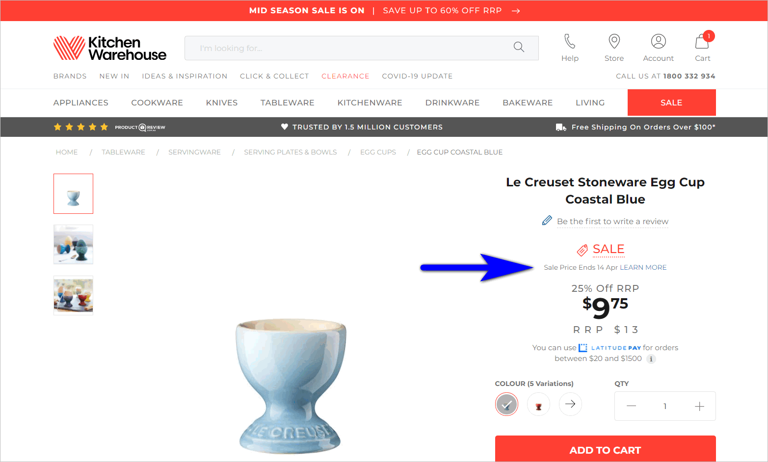KitchenWarehouse.com Strona ze szczegółami produktu limited time offer example - kitchenwarehouse.com.au's product detail page for an item on sale shows the original price, the sale price, and the sale price end date