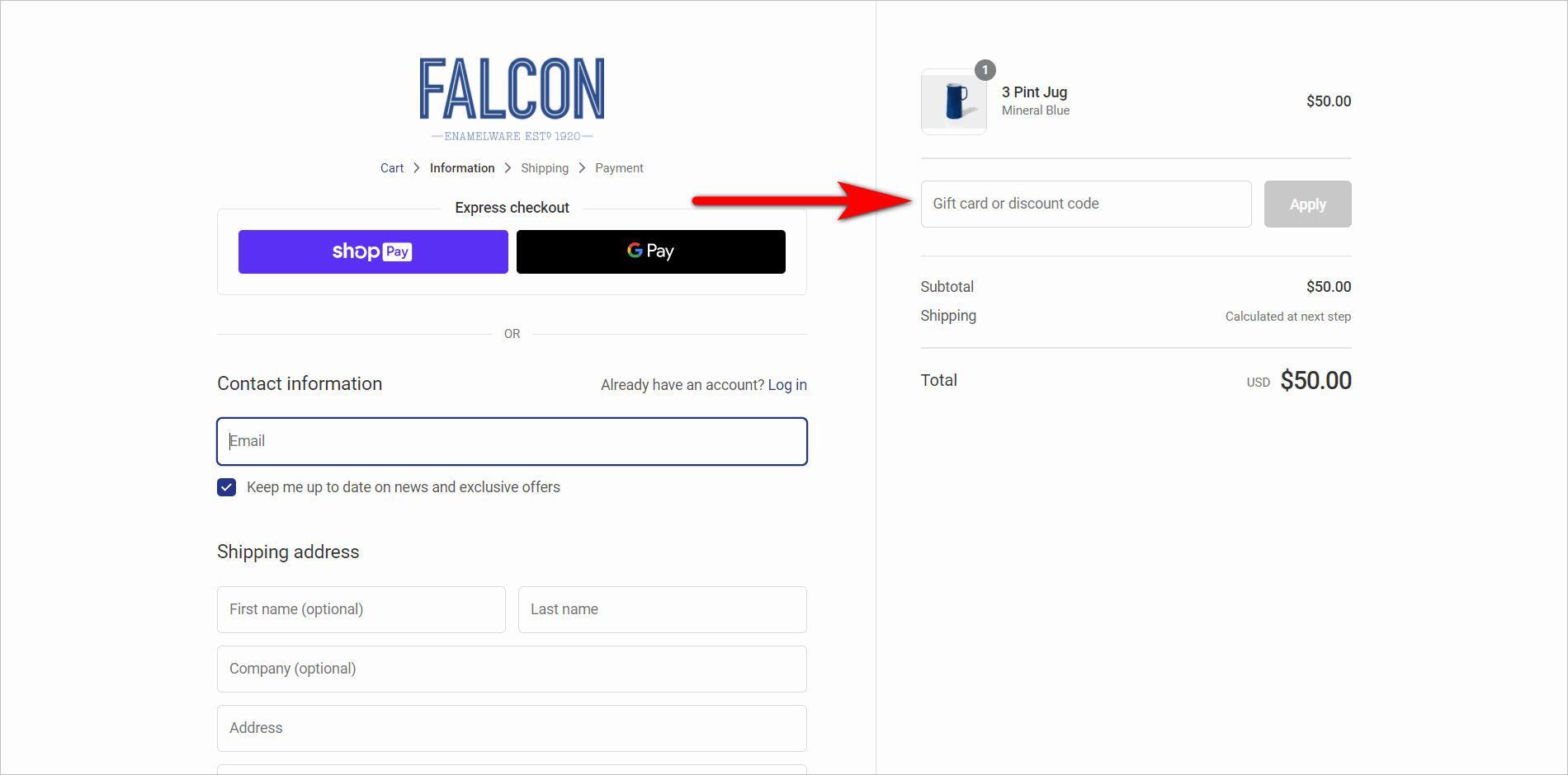 przykład widocznego pola z kodem promocyjnym - strona kasy us.falconenamelware.com ma widocznie widoczną wizualnie