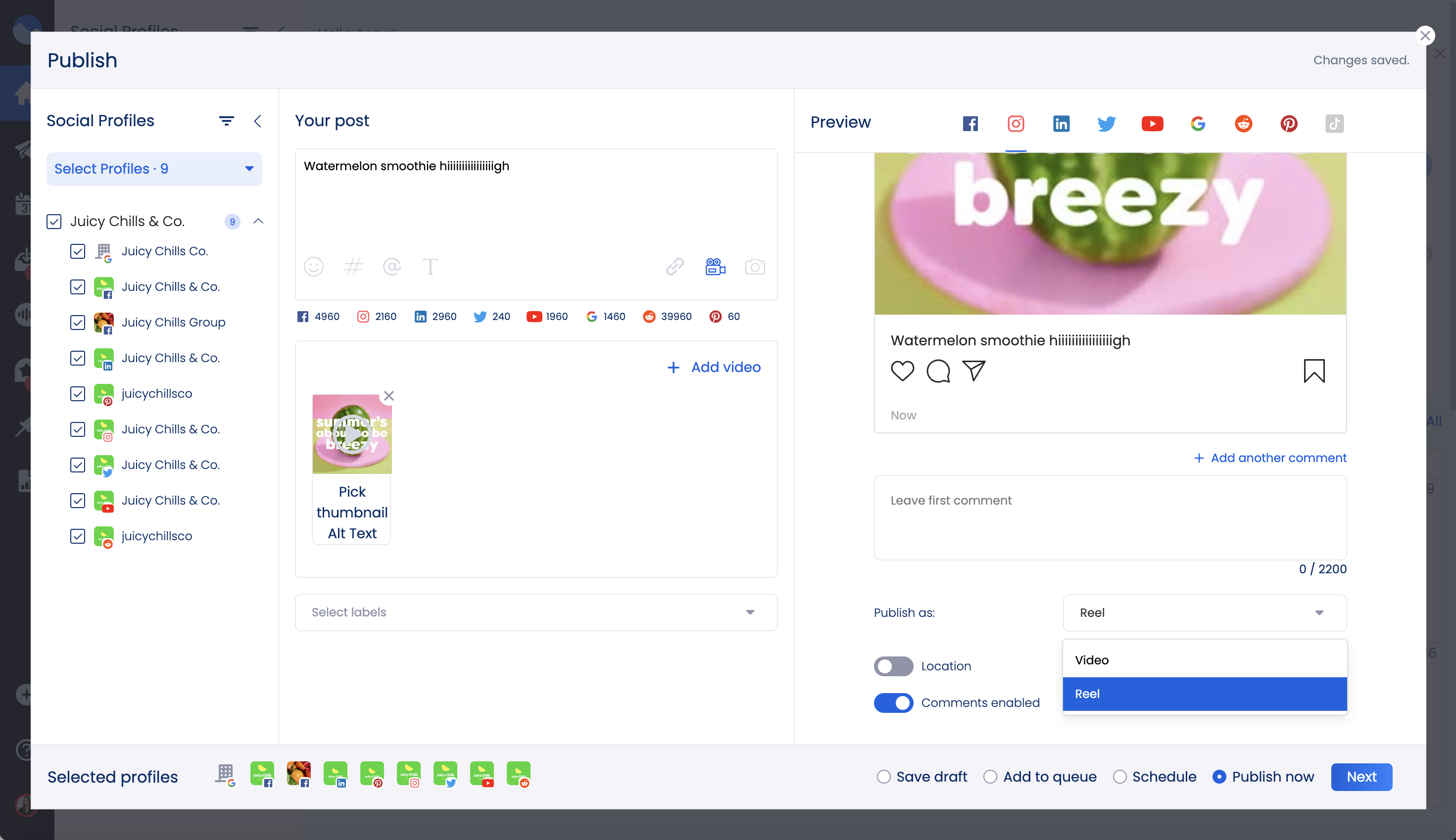 Penerbitan langsung Instagram Reels dengan Vista Social