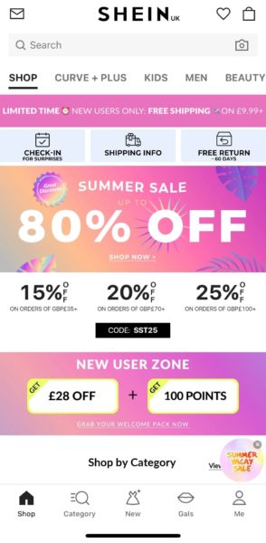 SHEIN-App über der Falte