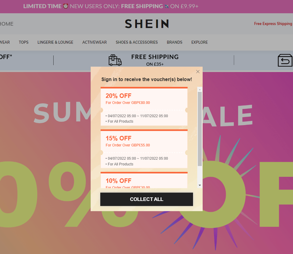 Rabatt-Popup auf der SHEIN-Website