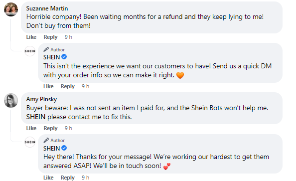 Screenshot von Beschwerden auf der Facebook-Seite von SHEIN