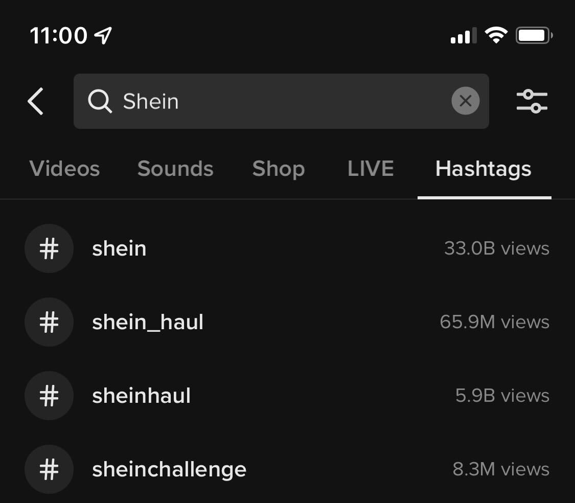 Screenshot des Shein-Hashtags auf TikTok
