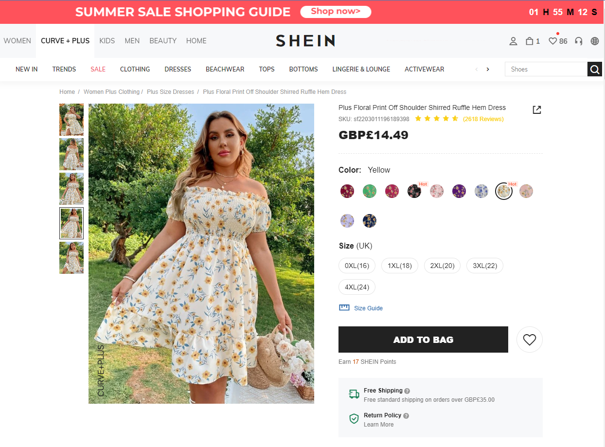 Ein Screenshot eines geblümten Kleides in der Kategorie Plus Size auf der SHEIN-Website