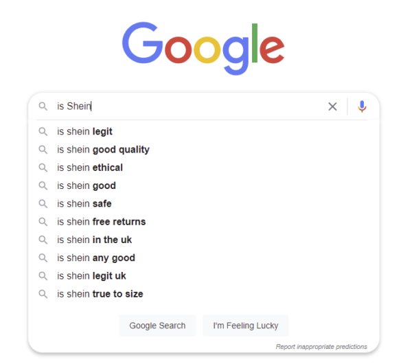 Screenshot der Suchergebnisse von Google mit AutoFill-Ergebnissen für „Is SHEIN“