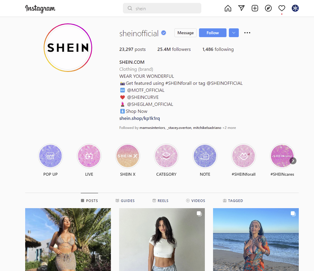 Screenshot des SHEIN-Instagram-Kontos