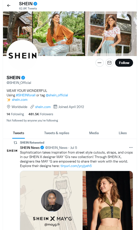 Screenshot des Twitter-Accounts von SHEIN