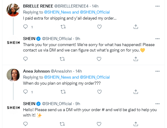 Beispiel für Kommentare auf SHEINs Twitter