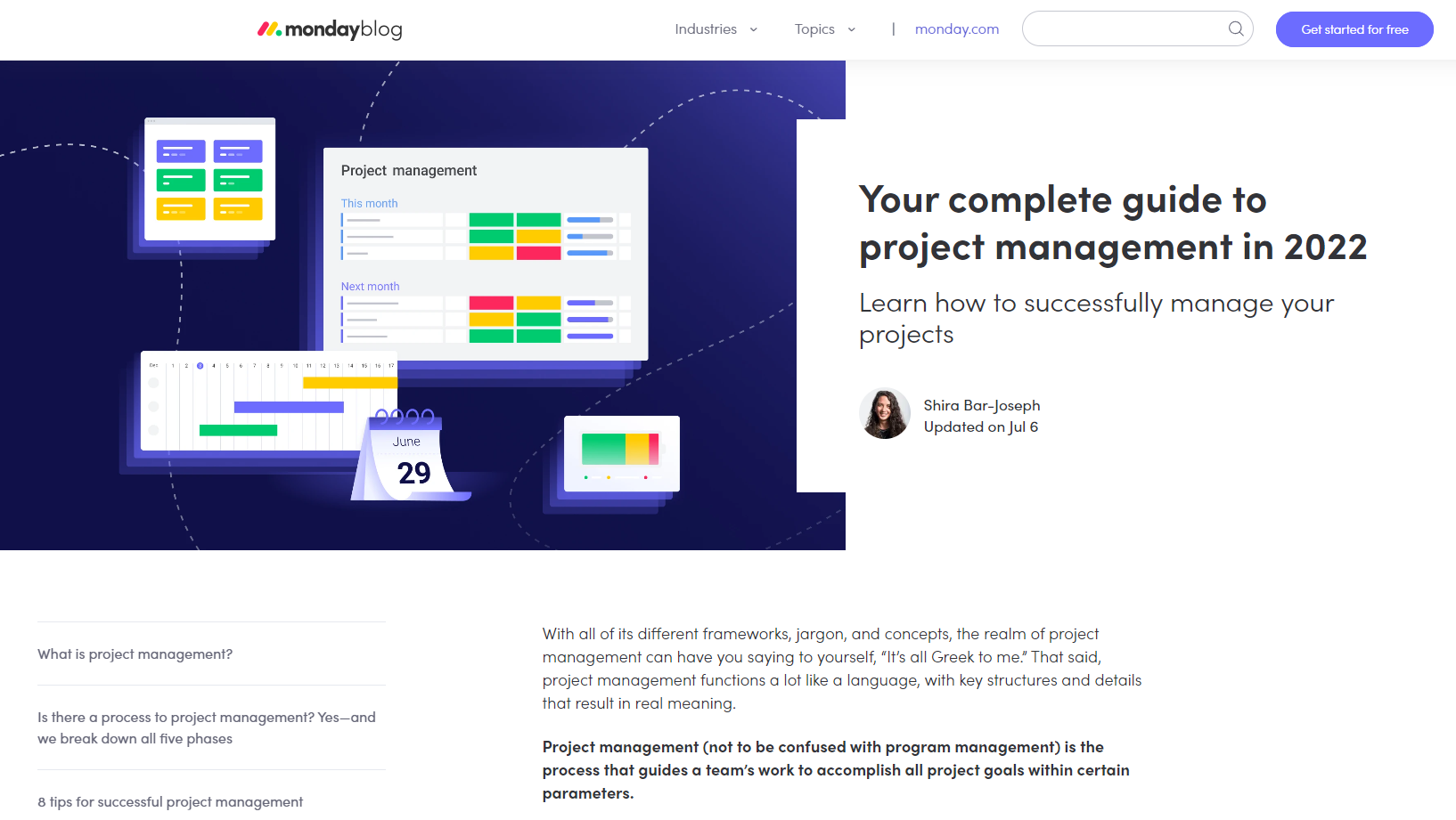 Screenshot della guida alla gestione del progetto di lunedì