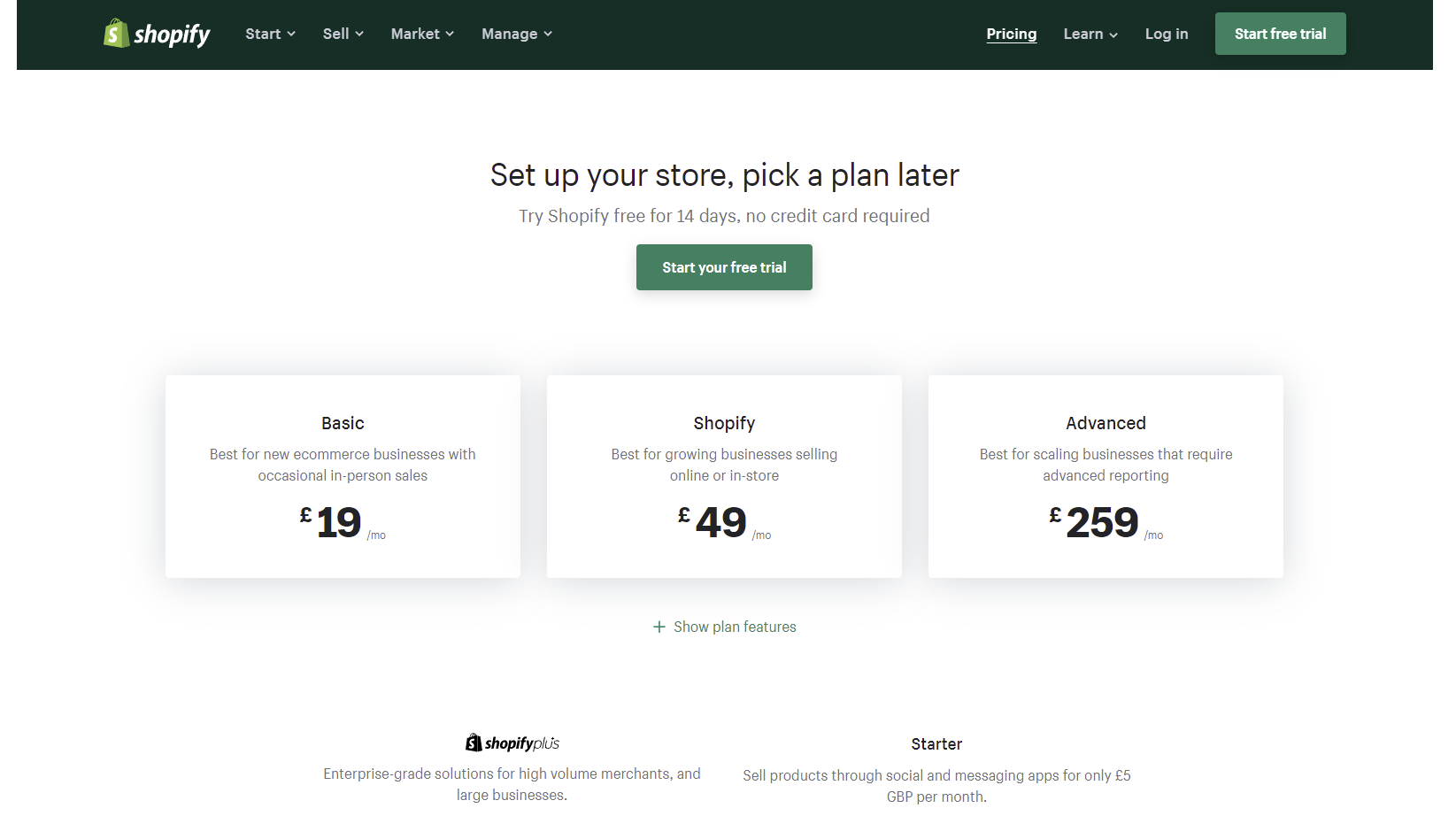 Screenshot dei piani di Shopify