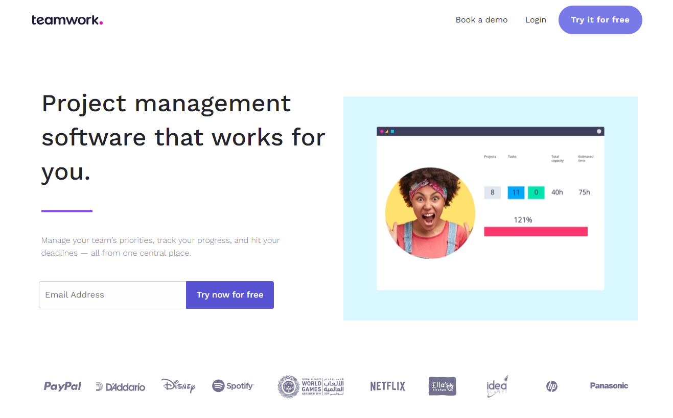 Screenshot di una pagina di destinazione su Teamwork. L'intestazione è "Software di gestione dei progetti che funziona per te"