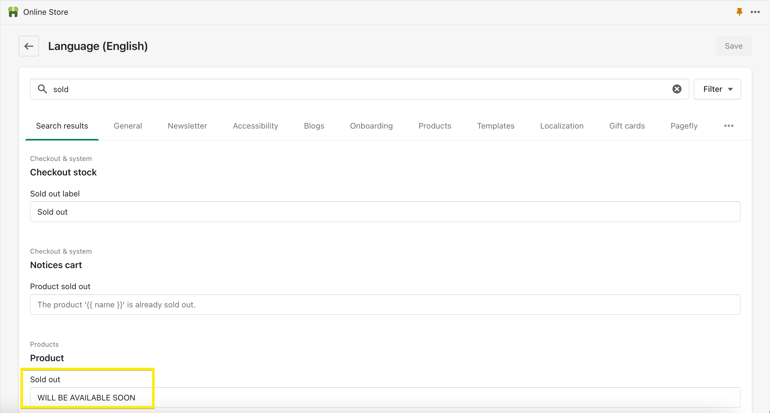 Modifica testo esaurito su Shopify
