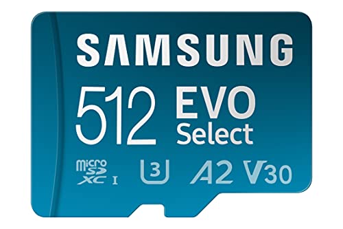 SAMSUNG EVO Select Micro SD 存储卡 + 适配器，512GB microSDXC 130MB/s 全高清和 4K UHD，UHS-I，U3，A2，V30，适用于 Android 智能手机、平板电脑、Nintendo-Switch 的扩展存储 (MB-ME512KA/AM )