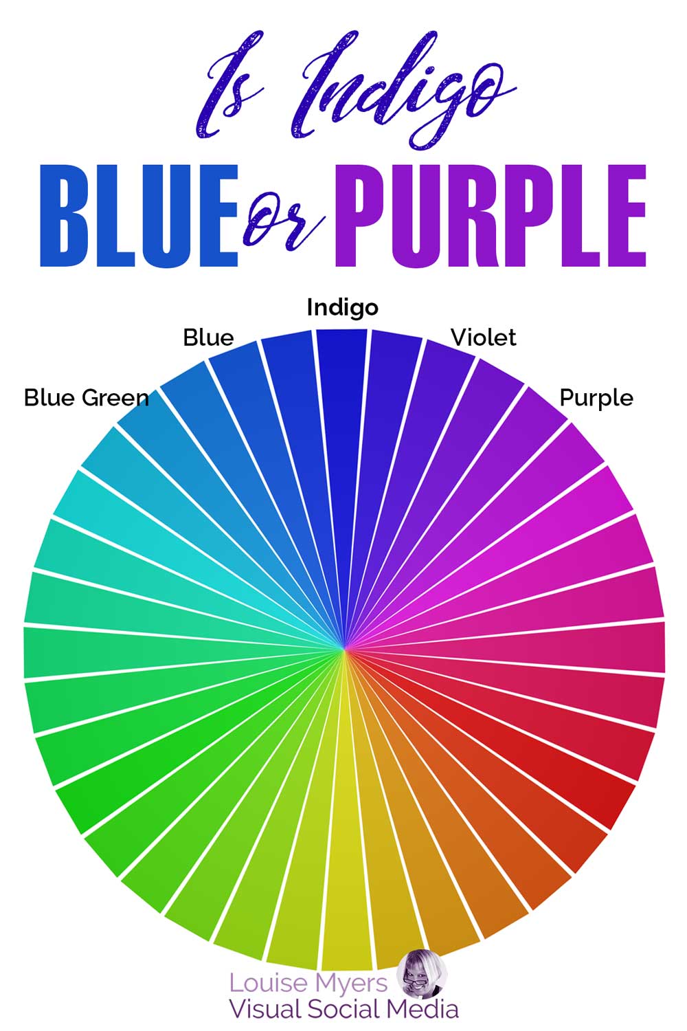 roda warna memanggil biru, nila, ungu dan ungu dengan teks bertanya, apakah nila biru atau ungu?