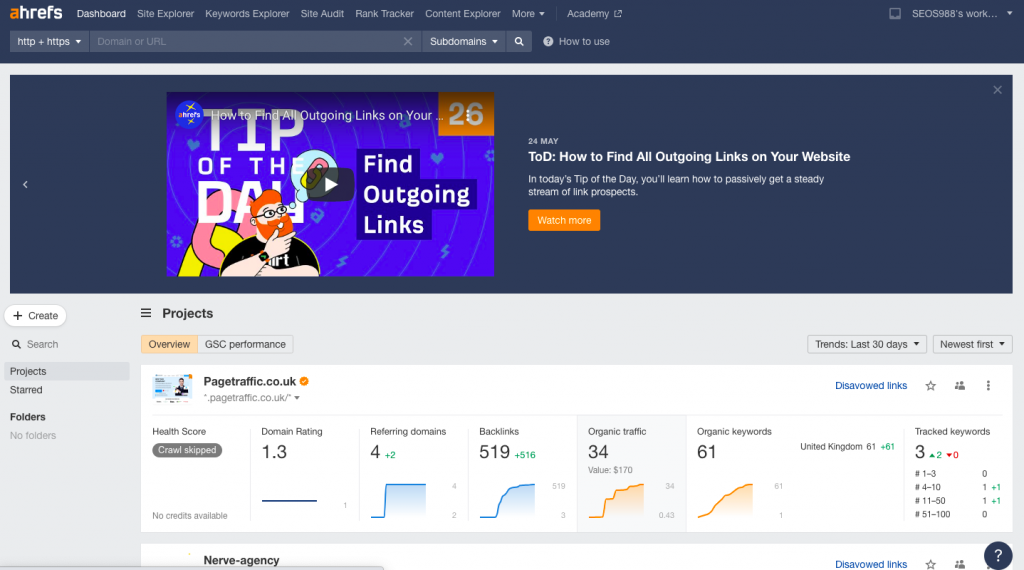 Ahrefs Vs Semrush : quel outil SEO est le meilleur et pourquoi ? 4 Ahrefs Dashboard