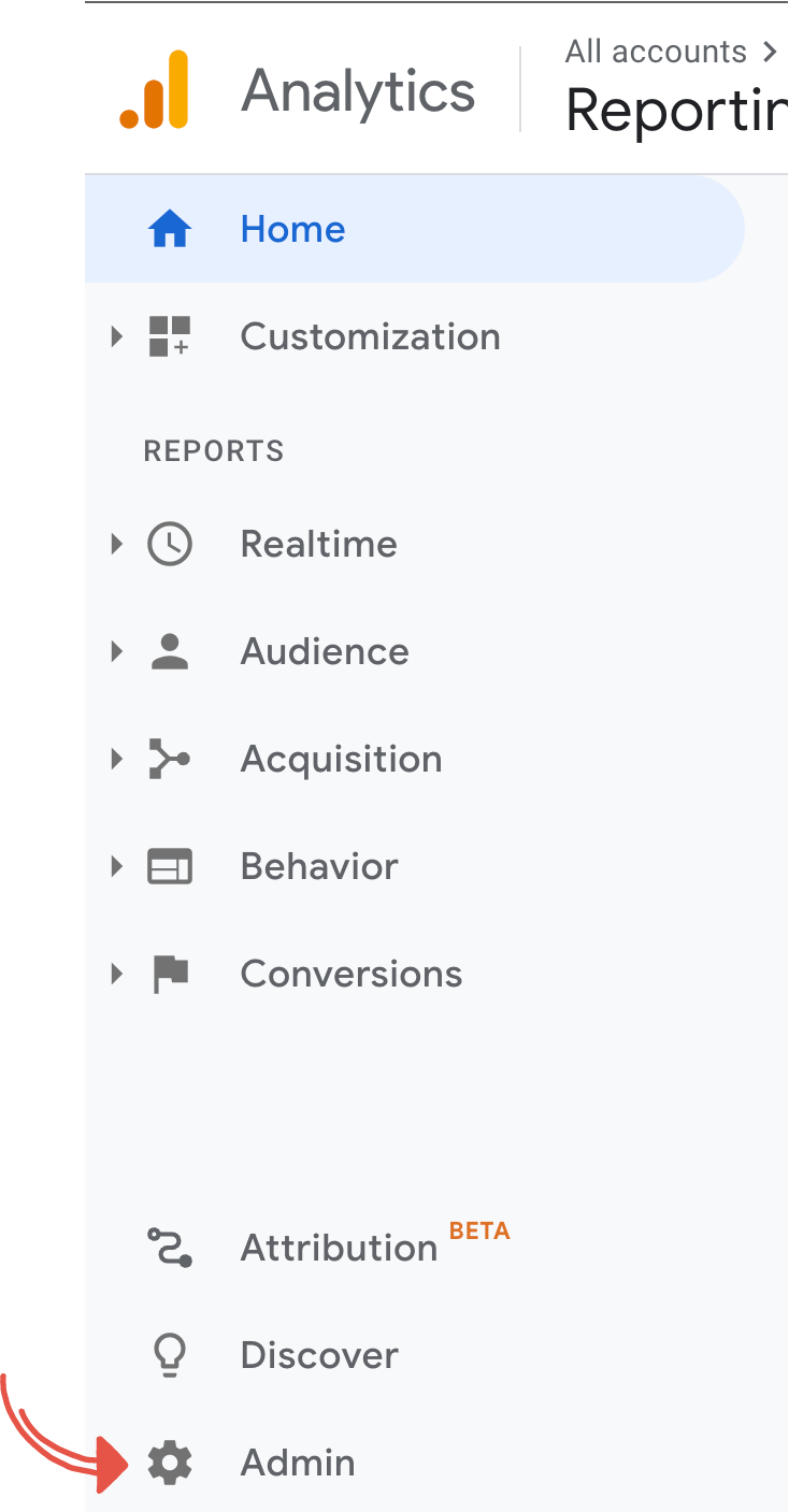 เมนูผู้ดูแลระบบ Google Analytics