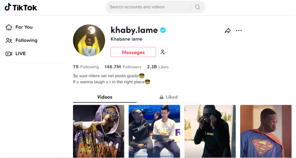 Página Khaby.Lame TikTok - 146,7 milhões de seguidores
