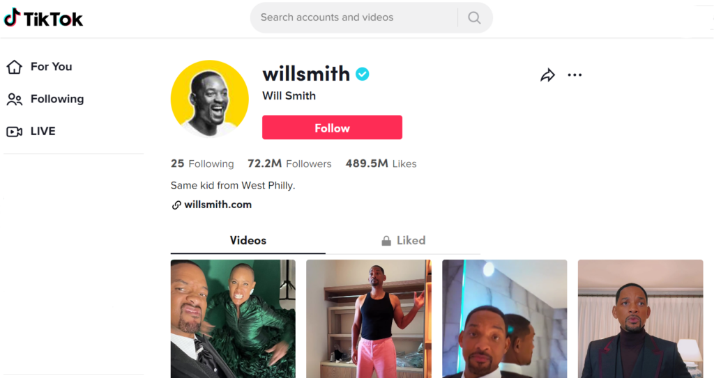 Will Smith é o único A-Lister entre os 5 mais seguidores do TikTok.