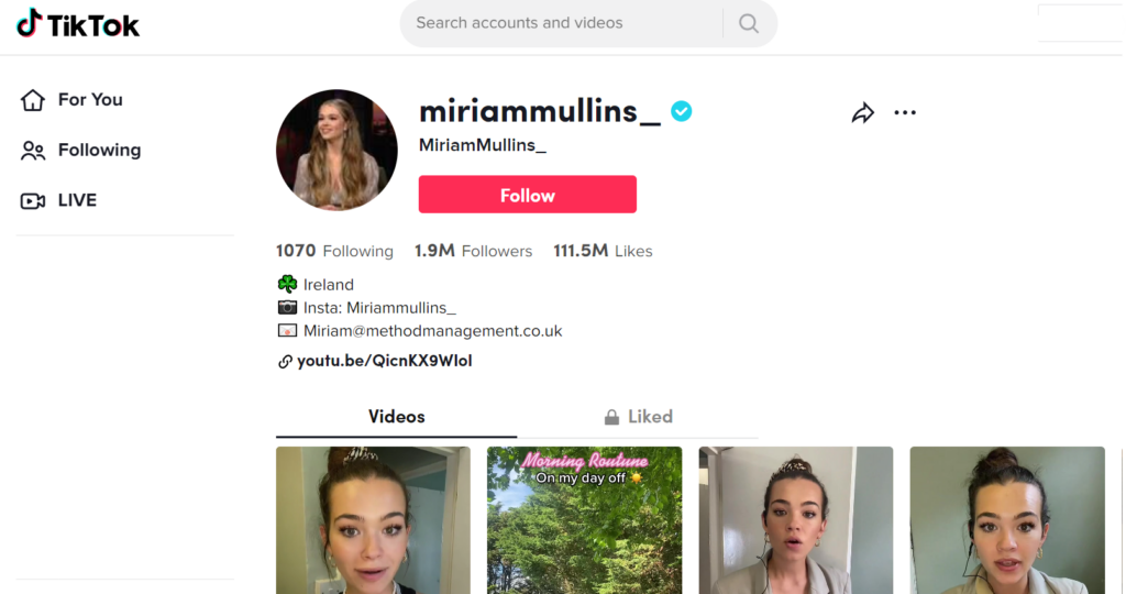 Miriam Mullins, nascida em Cork, ganhou quase 2 milhões de seguidores dois anos depois de iniciar sua página no TikTok