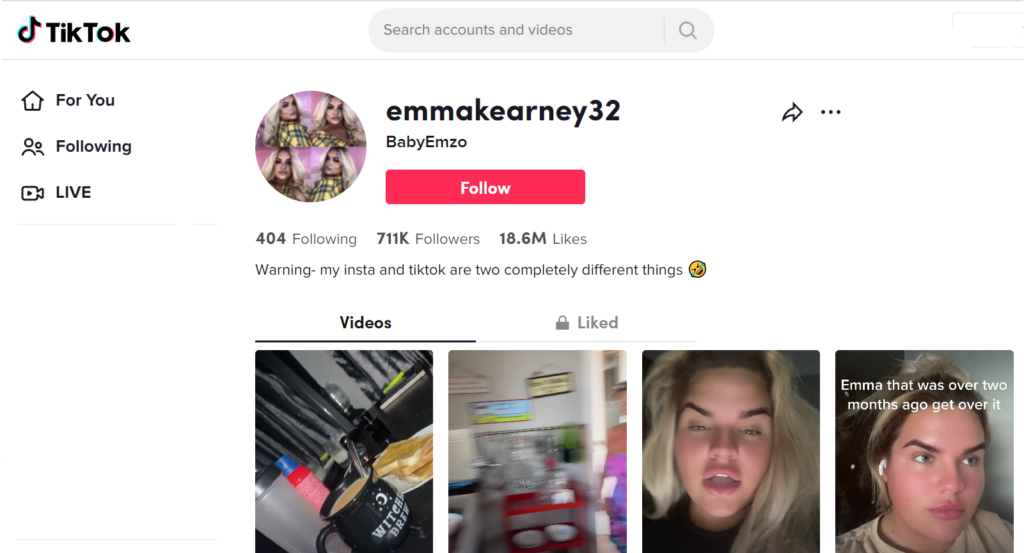 A página TikTok de Emma Kearney cresceu com 711 mil seguidores