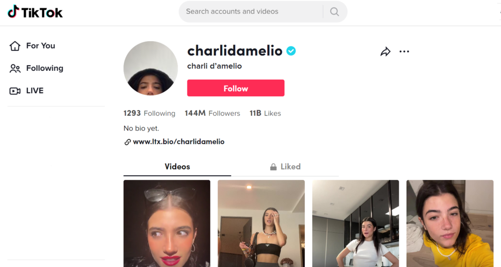 Charli Damelio é o segundo TikToker mais seguido com 144 milhões de seguidores
