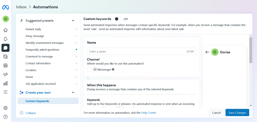 Message de bienvenue pour la page Facebook - 15 Exemples et modèles prêts à l'emploi 14 Custom Keywords Messages