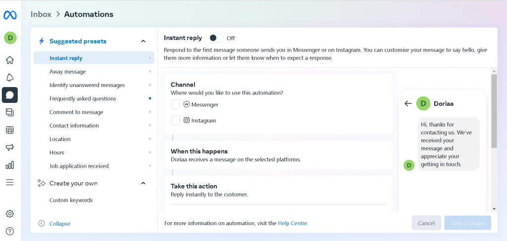 Message de bienvenue pour la page Facebook - 15 Exemples et modèles prêts à l'emploi 9 Meta Business Suite Automation