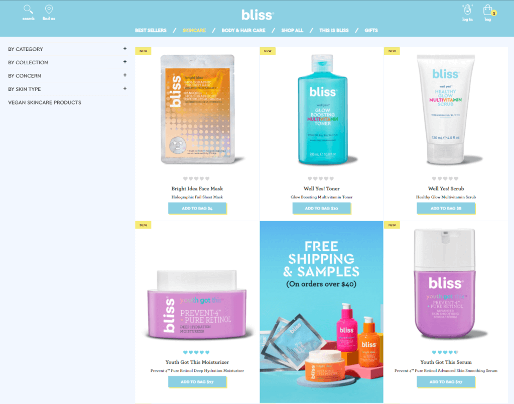 Bliss ürün listeleme sayfası