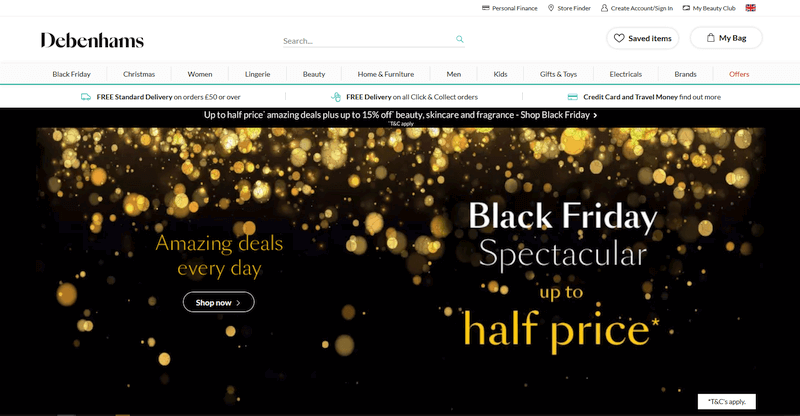 Escaparate del sitio web de Debenhams