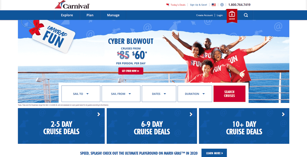 Escaparate del sitio web de Carnival Cruise Line