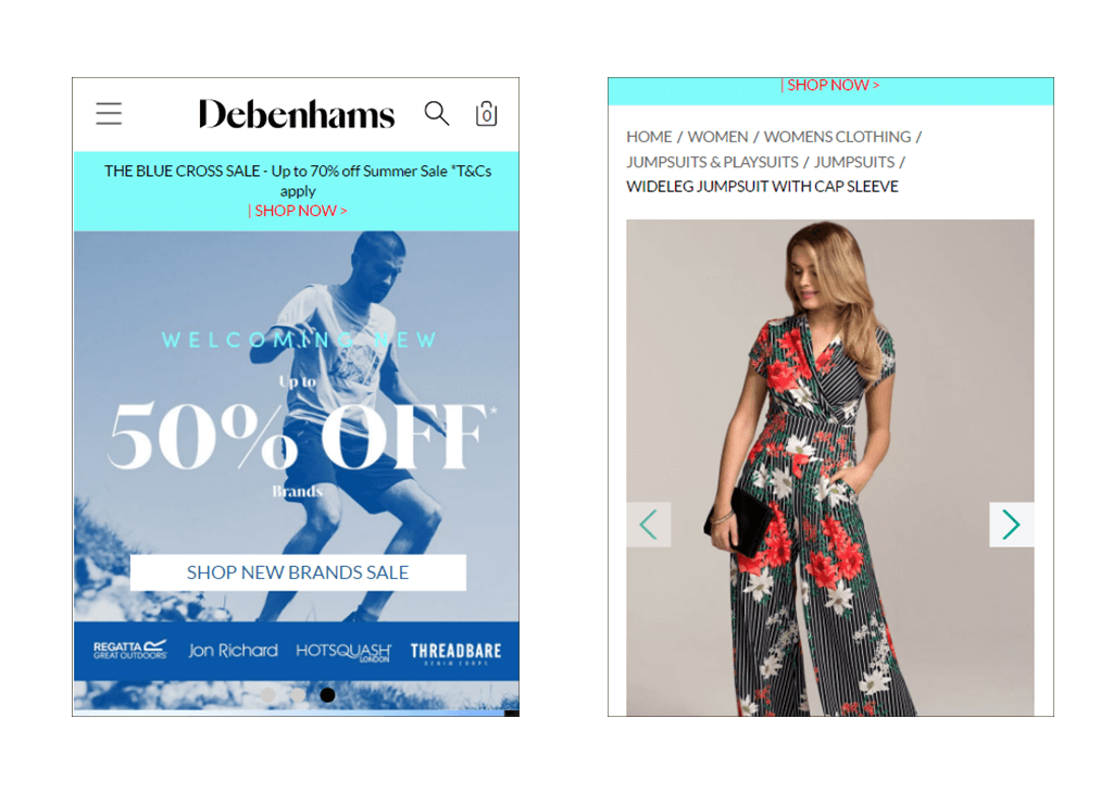 Debenhams PWA sur mobile