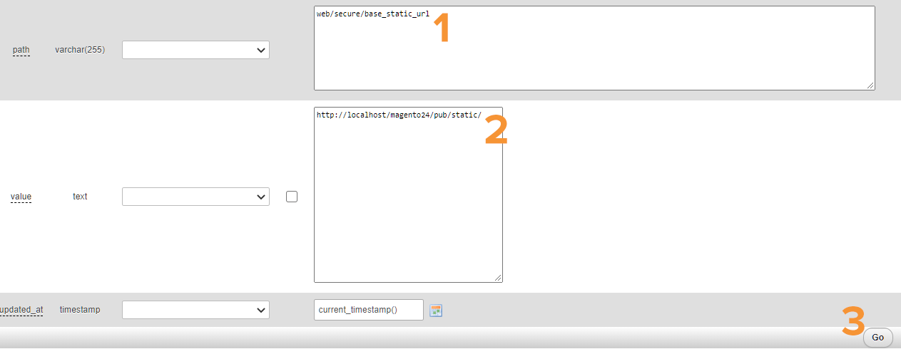 Ruta y valor de la nueva fila de la base de datos localhost