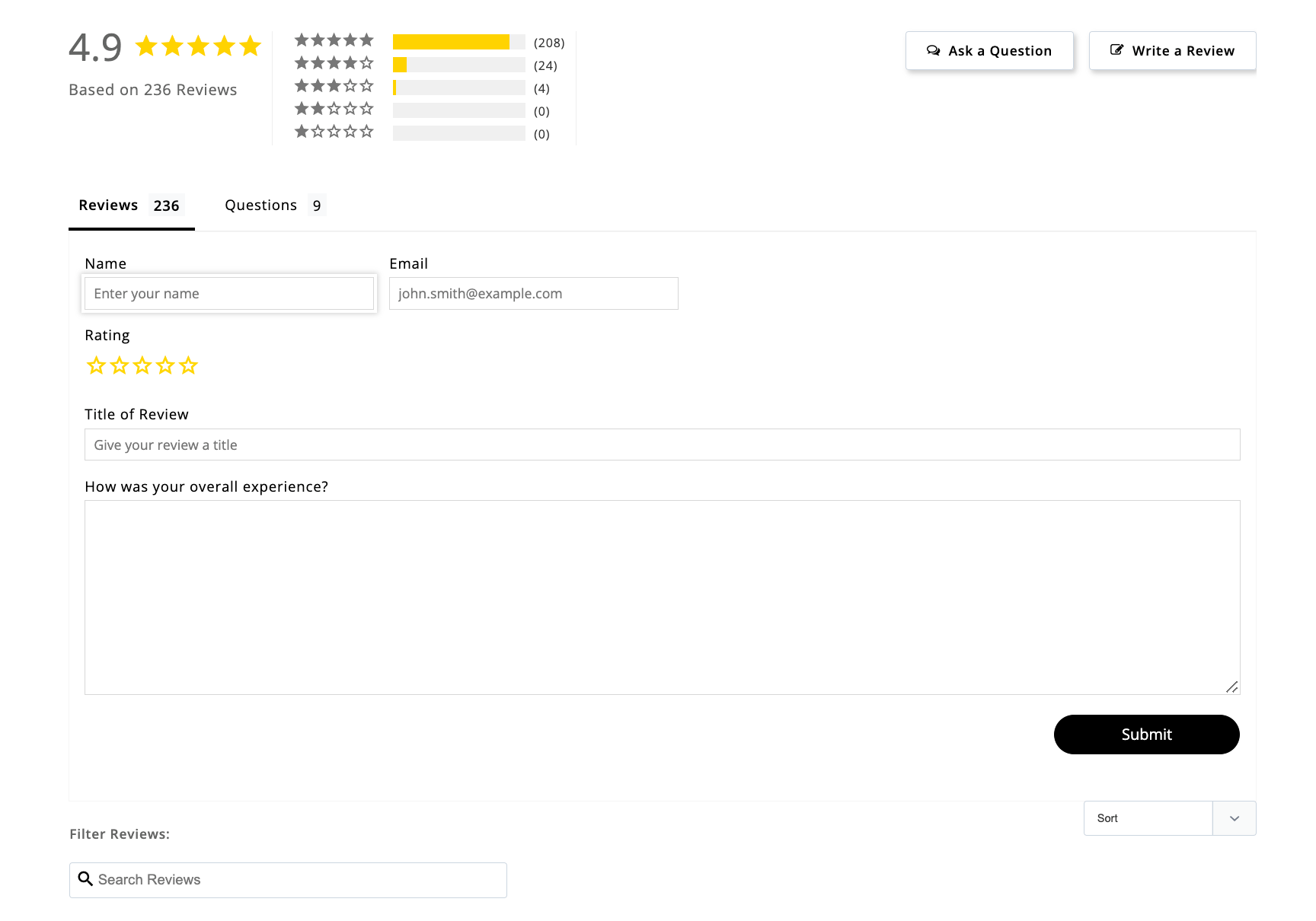 Seção de revisão do produto