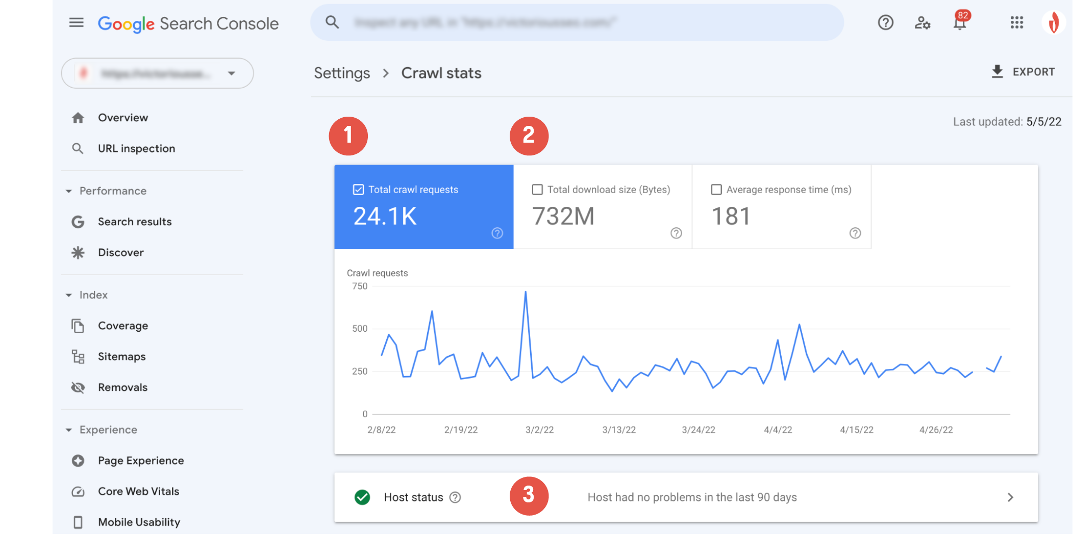 Menu ustawień konsoli wyszukiwania Google, aby znaleźć statystyki indeksowania