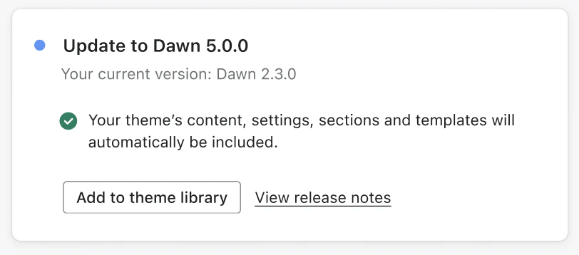 Shopify'ın Dawn temasına güncelleme seçeneğinin ekran görüntüsü.