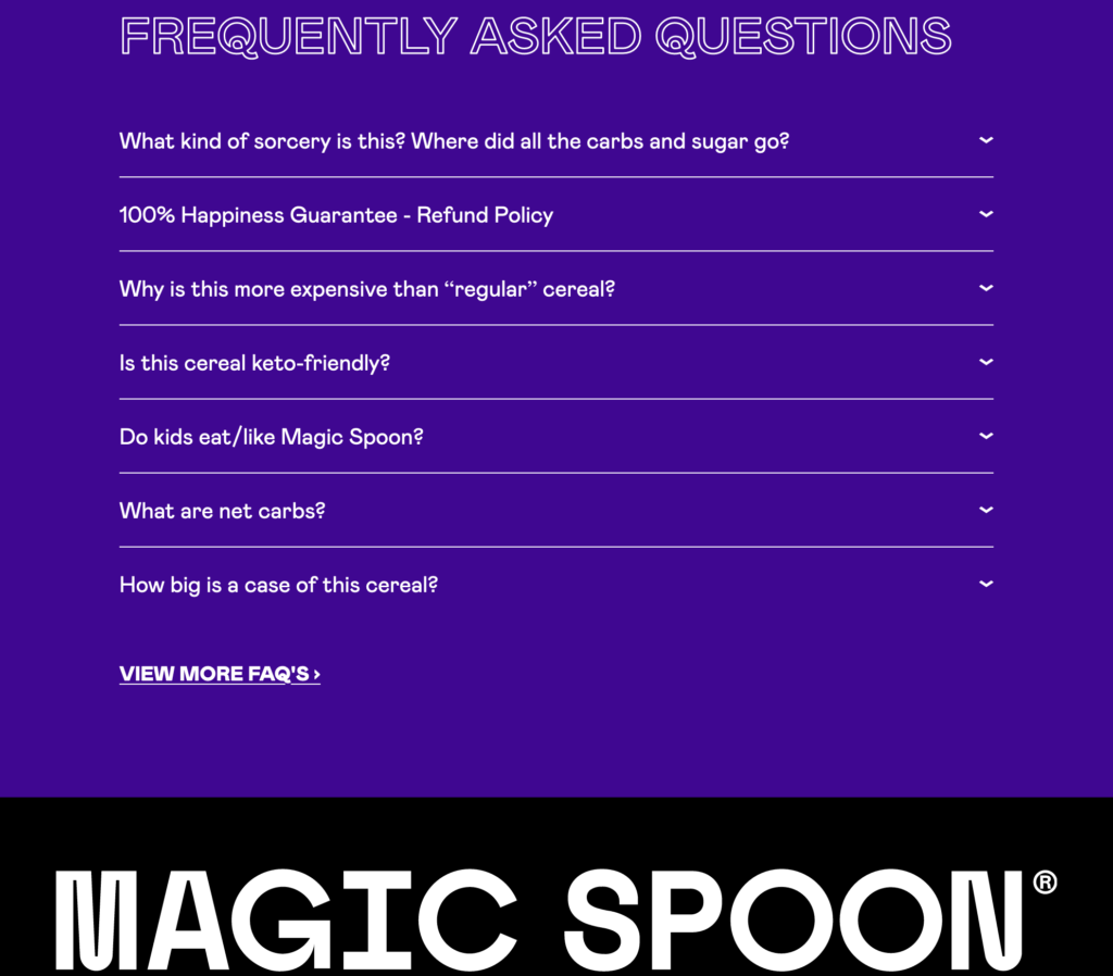 FAQ Magic Spoon au bas de leur page produit