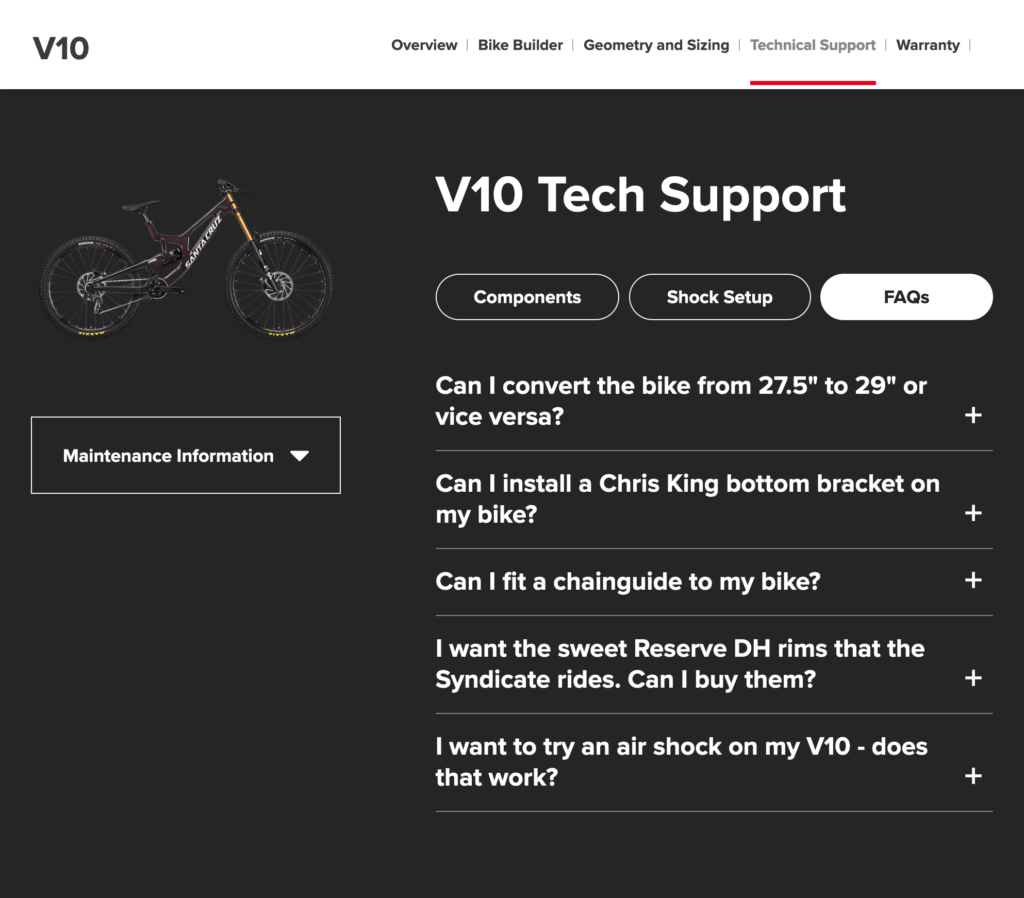 FAQ Santa Cruz Bicycles pour le produit V10 sous la rubrique V10 Tech Support