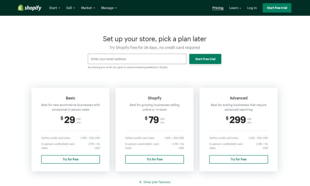 Screenshot dei piani tariffari di Shopify nel 2022.