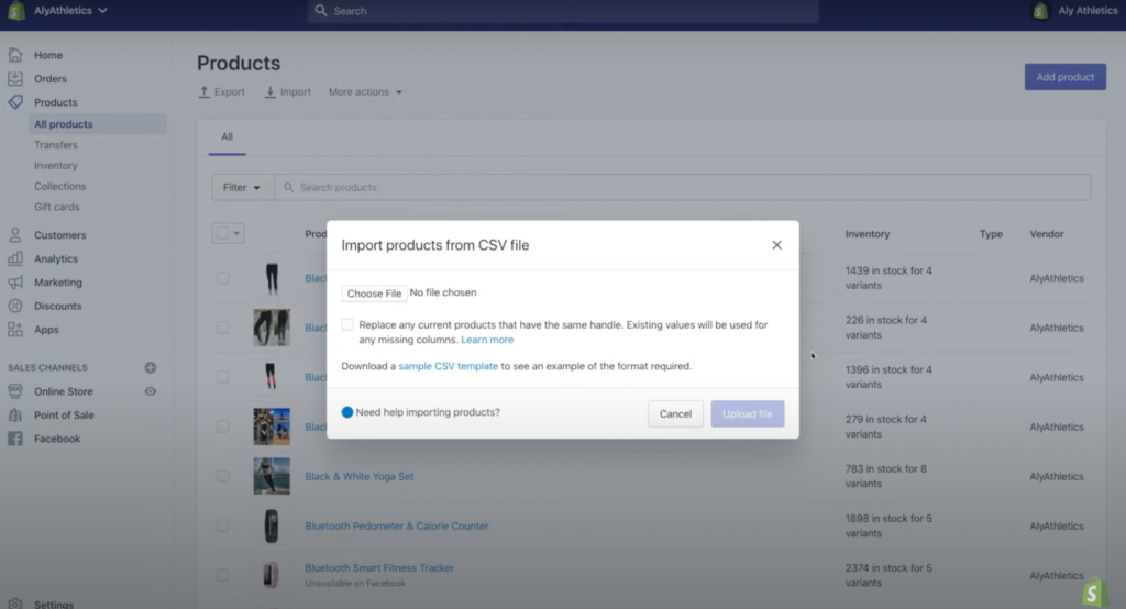 สกรีนช็อตของเครื่องมือนำเข้าสินค้า CSV ของ Shopify