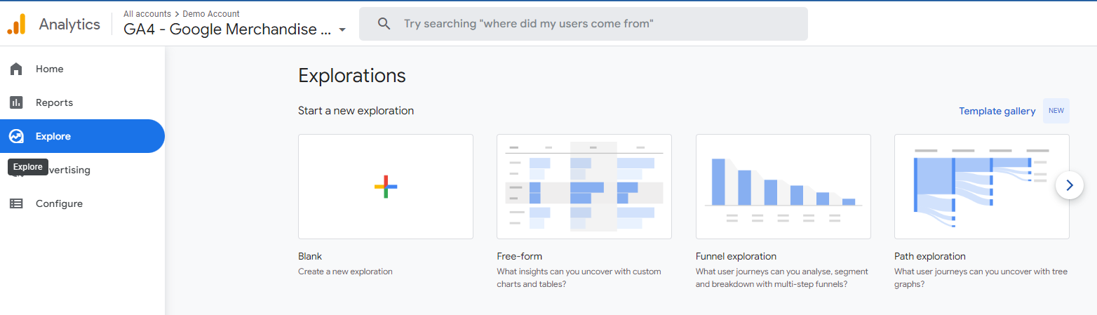 Google Analytics 4의 탐색 유형 스크린샷. 탐색 섹션은 탐색을 클릭하여 왼쪽 메뉴에서 액세스할 수 있습니다. 이 스크린샷에서 경로 탐색은 탐색 페이지의 맨 오른쪽에 있는 네 번째 옵션입니다.