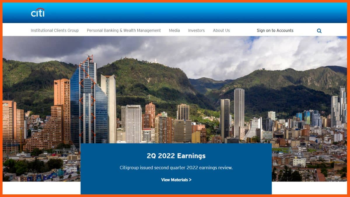 Página inicial do site do Citigroup