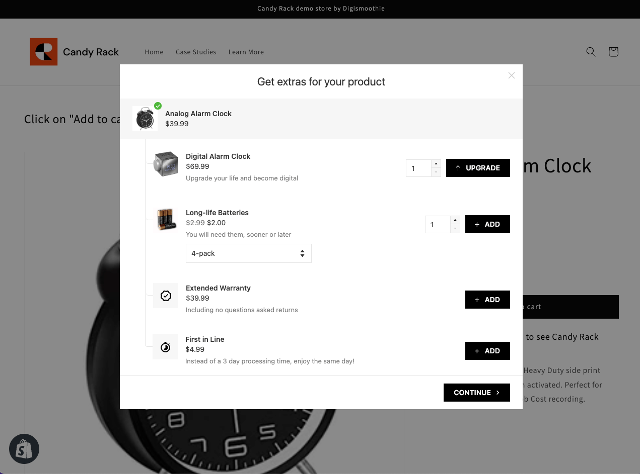 Parte voltada para o cliente do aplicativo da Shopify Candy Rack