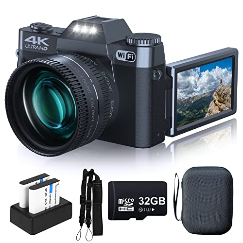 用於攝影的數碼相機 VJIANGER 4K 48MP Vlogging 相機，適用於 YouTube，帶 WiFi，16 倍數碼變焦，52 毫米廣角和微距鏡頭，2 節電池，32GB TF 卡，相機帶和包（黑色）