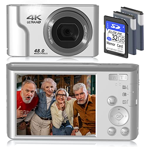 數碼相機，用於攝影的 Saneen 4k Vlogging YouTube 相機，帶 32GB SD 卡的 48MP 小型傻瓜數碼相機，適合初學者、兒童和青少年，包括 2 節可充電電池-銀色
