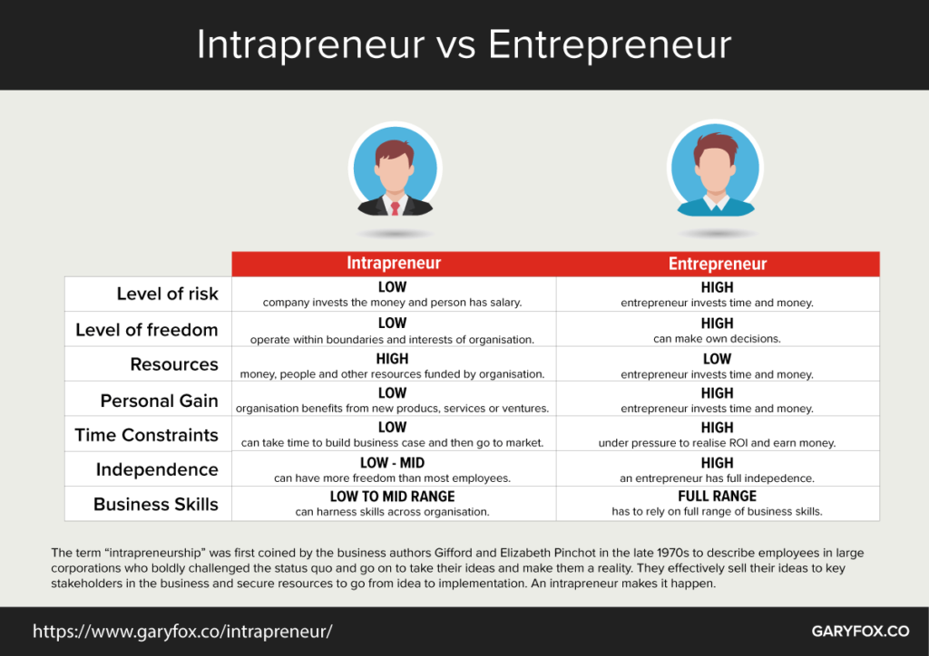 Intrapreneur: 14 überraschende Fähigkeiten, die für den Erfolg benötigt werden 6 intrapreneur vs entrepreneur