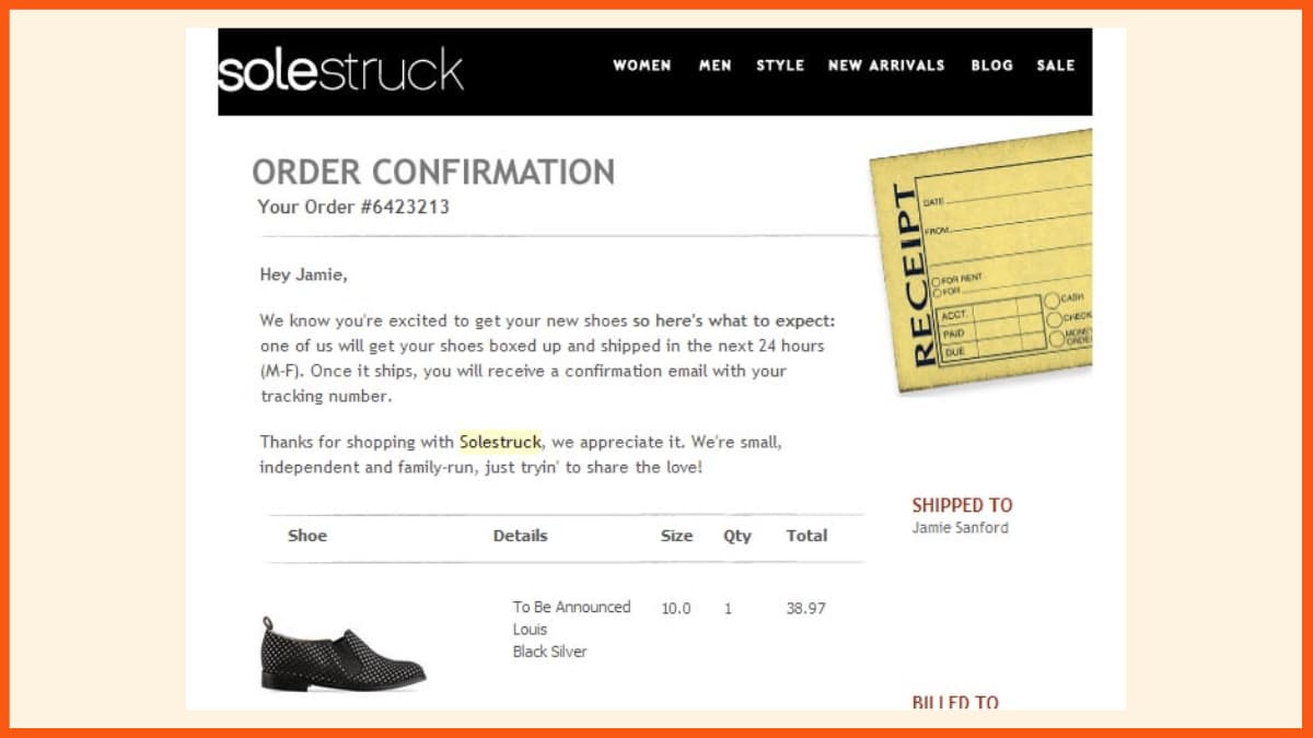 Email di conferma ordine scarpe