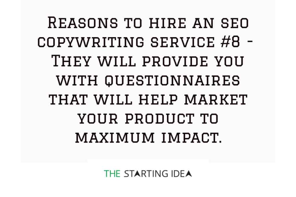 Un grafico con un testo che dice che l'assunzione di un servizio di copywriting SEO può aiutare la tua azienda fornendoti un questionario che ti aiuterà a commercializzare meglio il tuo prodotto e a trovare un adattamento al mercato del prodotto.