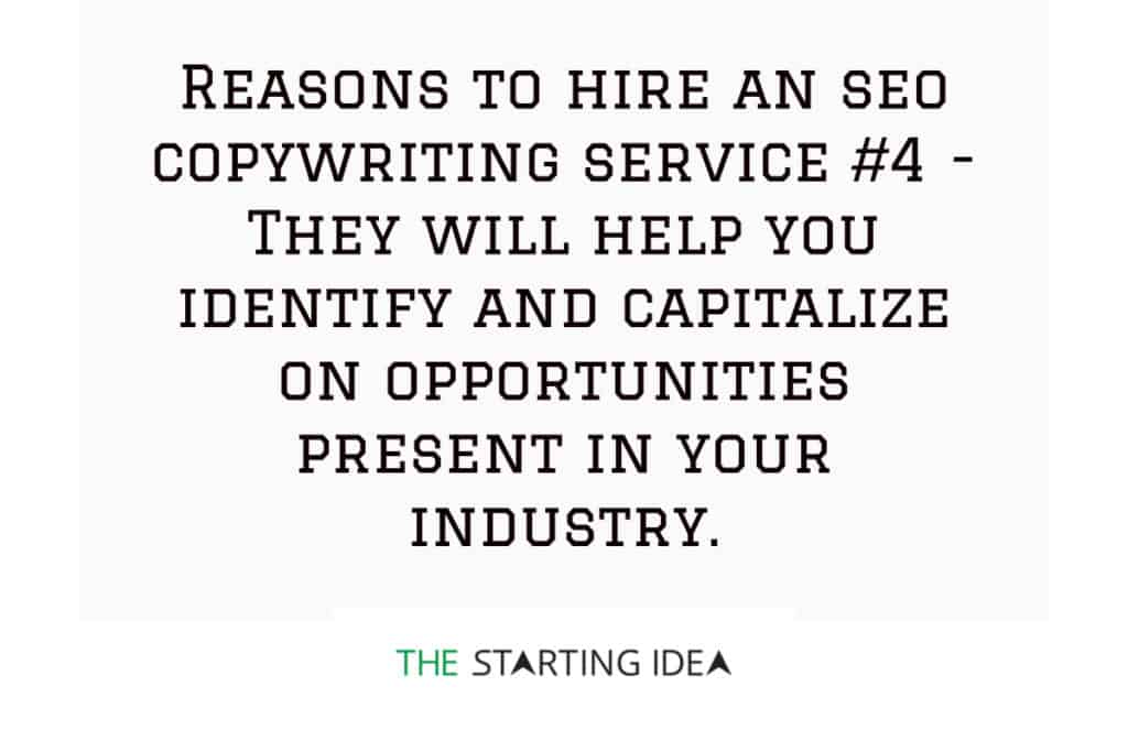 Un grafico con un testo che dice che assumere un servizio di copywriting SEO può aiutarti a identificare e sfruttare le opportunità nel tuo settore