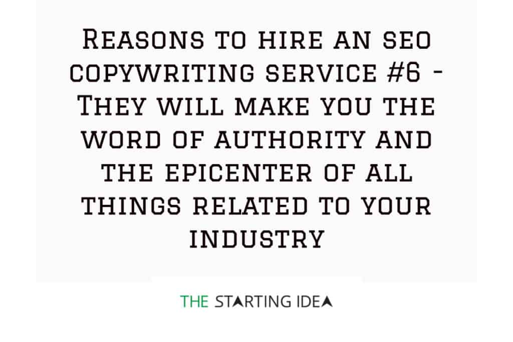 Un grafico con testo che dice che assumere un servizio di copywriting SEO può aiutarti a creare contenuti che ti rendono un leader di pensiero e una parola di autorità nel tuo settore.